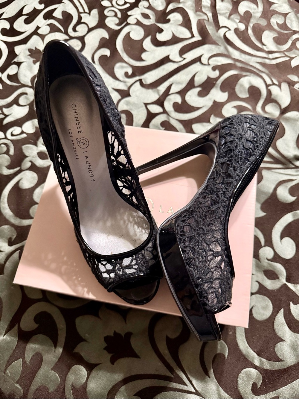 Chinese Laundry Black Lace Peep-Toe Platform Pumps